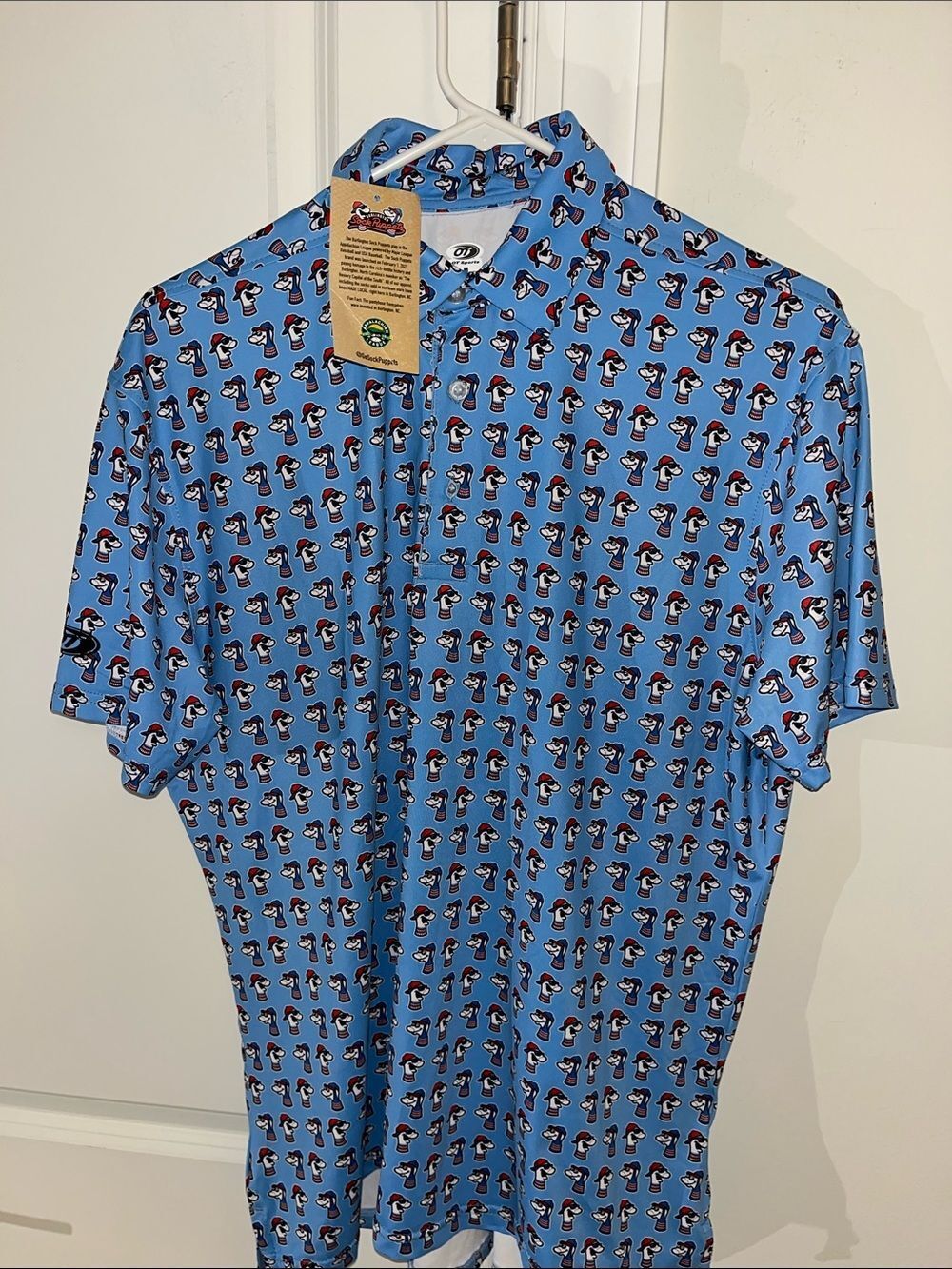 New AOP Blue Burlington Sock Puppets Men's golf polo shirt M Appalachian League
